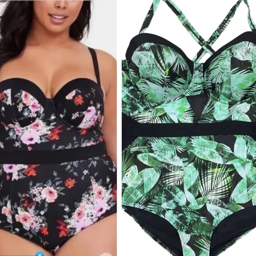 Torrid slim fix jungle leaf green & black underwire push up one piece swimsuit